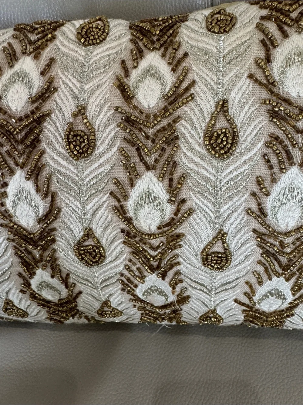 Pier 1 Beaded Peacock Feather Gold Embroidered Lumbar Accent Pillow